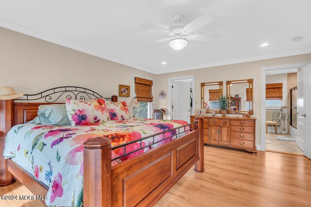 bedroom with light wood-type flooring, ceiling fan, and crown molding