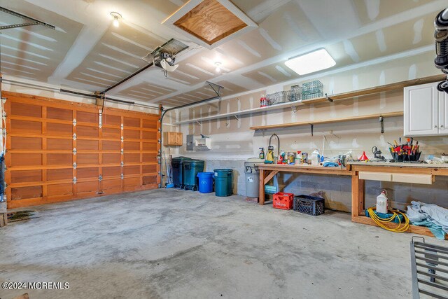 garage with a workshop area