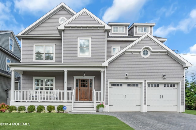 view of front facade featuring a front lawn and covered porch