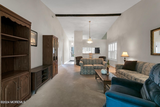 living room featuring carpet, beam ceiling, a chandelier, and high vaulted ceiling