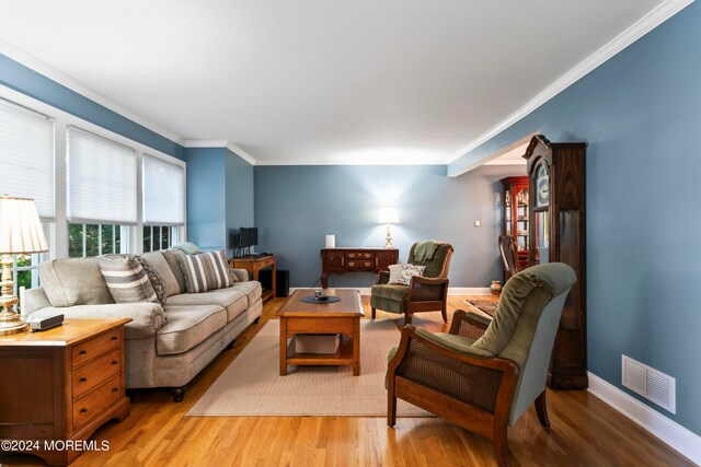 living room featuring ornamental molding and hardwood / wood-style floors