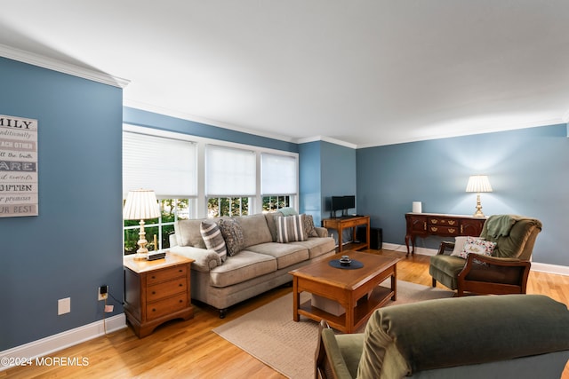 living room with light wood-type flooring and ornamental molding