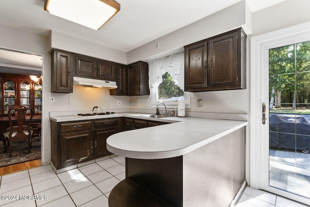 kitchen featuring light wood-type flooring, kitchen peninsula, sink, and a wealth of natural light