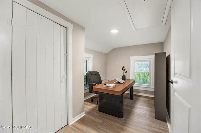 office with vaulted ceiling and dark hardwood / wood-style flooring