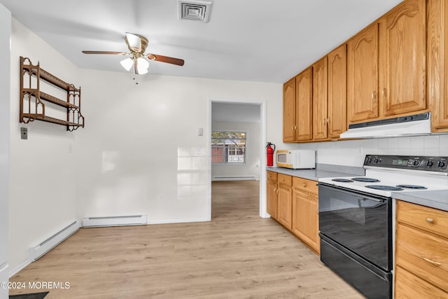 kitchen with baseboard heating, black electric range oven, and light hardwood / wood-style flooring