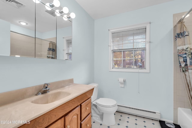 full bathroom with vanity, shower / tub combo, toilet, and baseboard heating