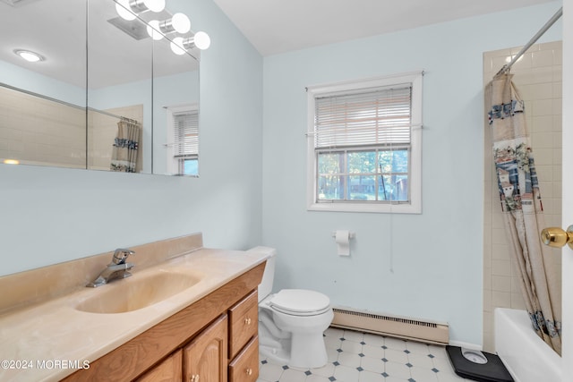 full bathroom with baseboard heating, shower / bath combo, vanity, and toilet