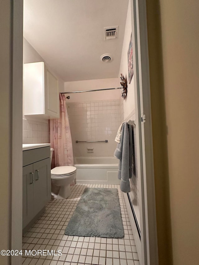 full bathroom with decorative backsplash, tile patterned flooring, vanity, toilet, and shower / bathtub combination with curtain