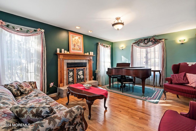 living room with a fireplace and light hardwood / wood-style floors