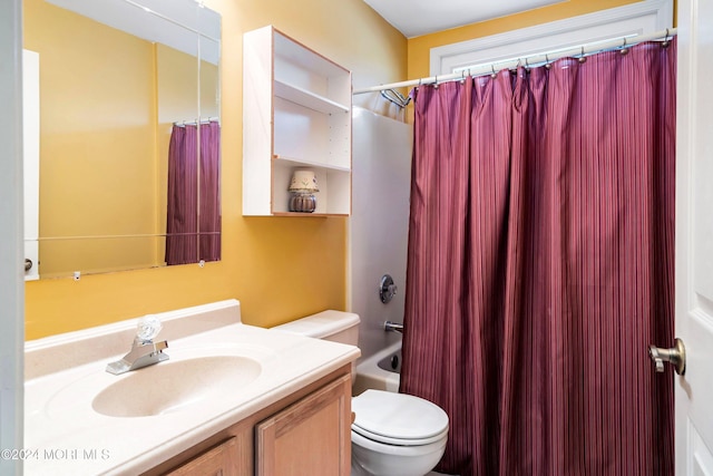 full bathroom featuring vanity, toilet, and shower / bathtub combination with curtain