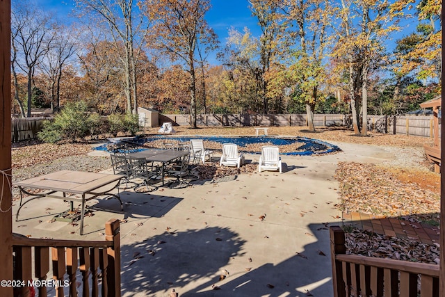 view of pool featuring a patio and a storage unit