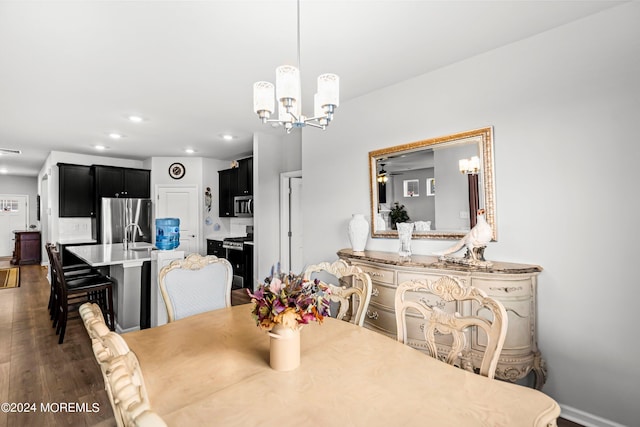 dining space with dark hardwood / wood-style flooring and a notable chandelier