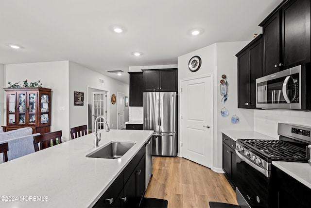 kitchen featuring appliances with stainless steel finishes, sink, a breakfast bar area, backsplash, and light wood-type flooring