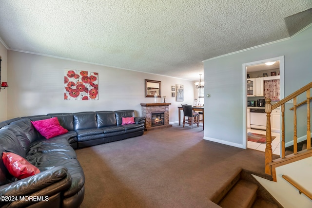 living room featuring a fireplace, dark carpet, and a textured ceiling