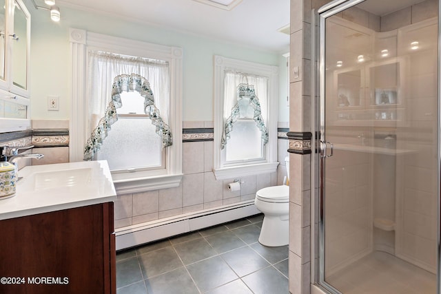 full bathroom featuring a stall shower, a baseboard radiator, tile walls, and toilet