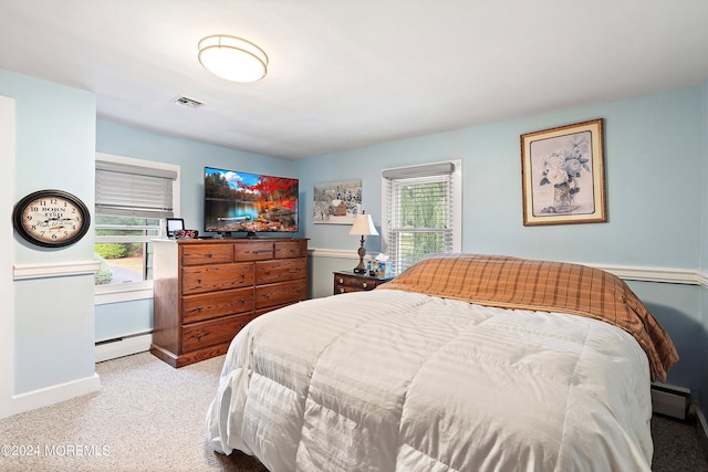 bedroom with a baseboard heating unit, multiple windows, visible vents, and baseboard heating