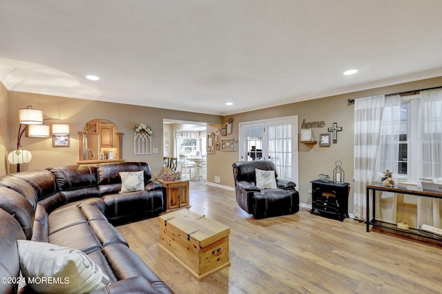 living room with crown molding and light hardwood / wood-style floors