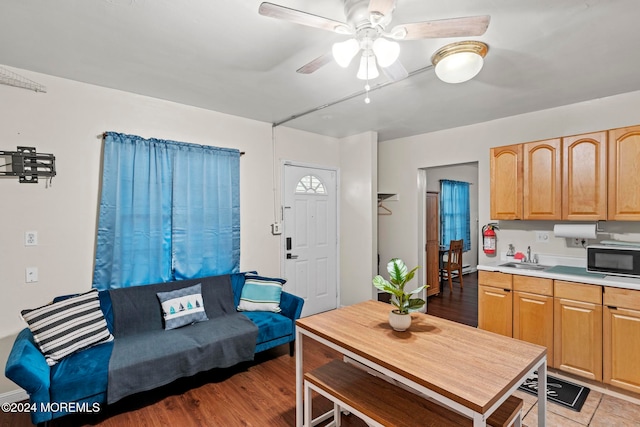 kitchen featuring light wood-type flooring, sink, and ceiling fan