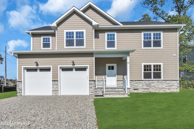 craftsman inspired home with a garage, a porch, and a front yard