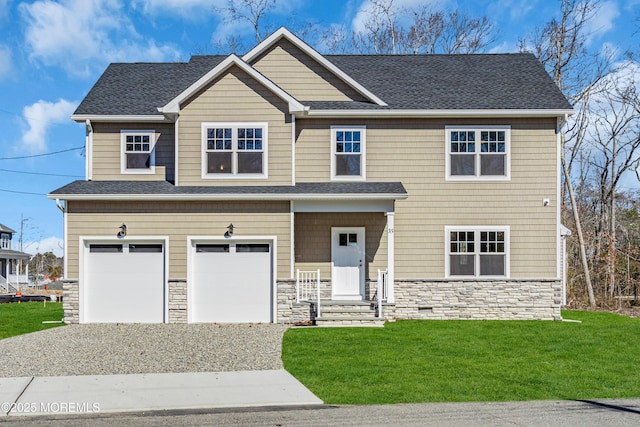 craftsman inspired home featuring a garage, a shingled roof, stone siding, gravel driveway, and a front yard