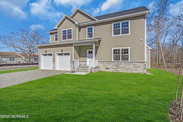 craftsman-style home featuring stone siding, gravel driveway, and a front yard