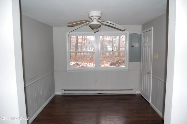 unfurnished dining area with ceiling fan, dark hardwood / wood-style floors, electric panel, and a baseboard radiator