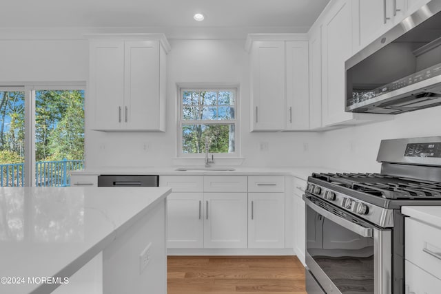 kitchen featuring light stone counters, appliances with stainless steel finishes, white cabinets, and a sink