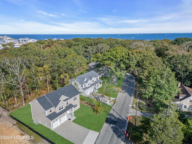 drone / aerial view with a water view and a view of trees