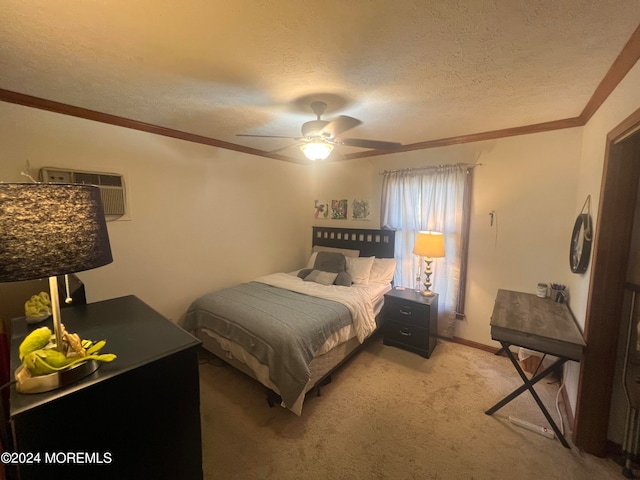 bedroom featuring ceiling fan, carpet flooring, a textured ceiling, crown molding, and a wall mounted air conditioner