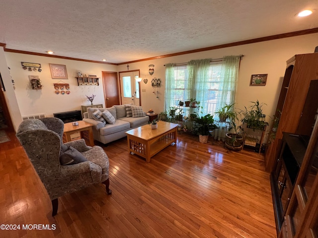 living room featuring a textured ceiling, crown molding, and hardwood / wood-style floors