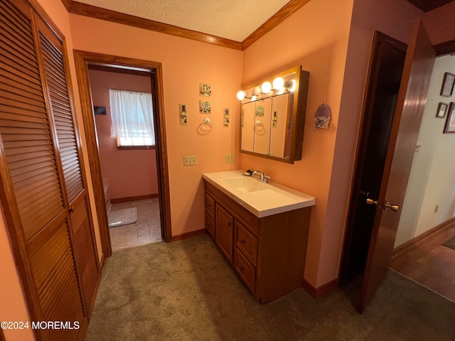 bathroom featuring crown molding, vanity, and a textured ceiling