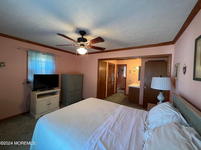 bedroom with ensuite bathroom, carpet, ceiling fan, ornamental molding, and a textured ceiling