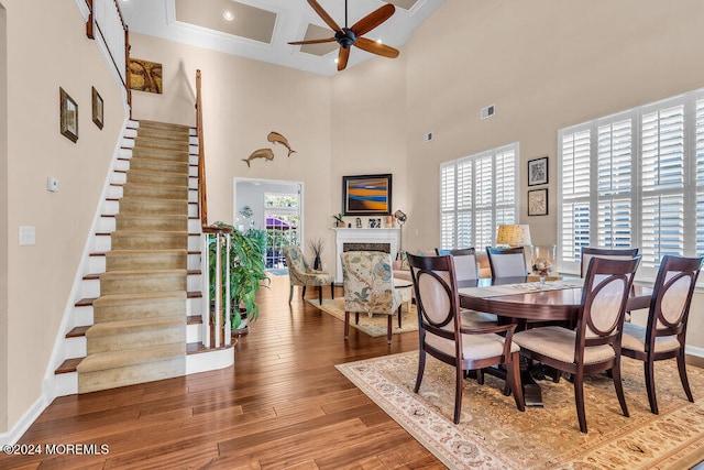 dining room featuring a wealth of natural light, hardwood / wood-style floors, a towering ceiling, and ceiling fan