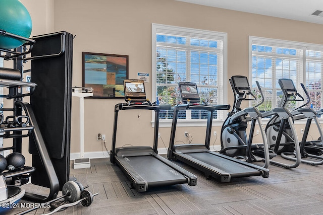 exercise room with carpet and a wealth of natural light