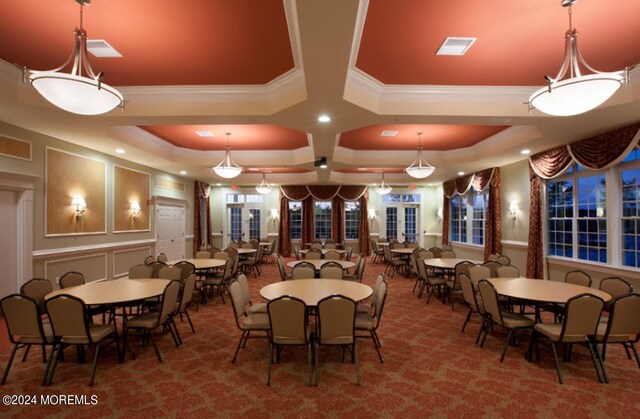 dining room featuring crown molding, carpet flooring, and coffered ceiling