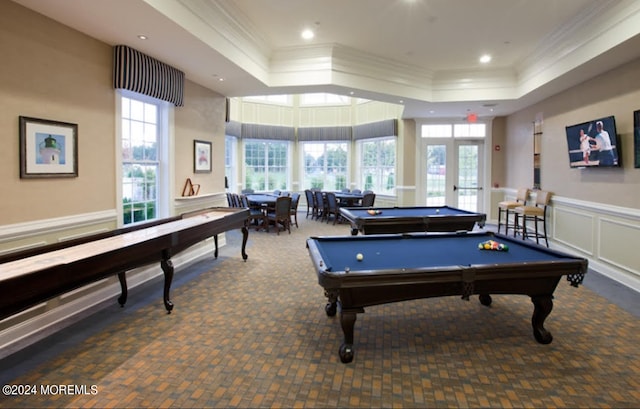 recreation room featuring crown molding, a tray ceiling, and plenty of natural light