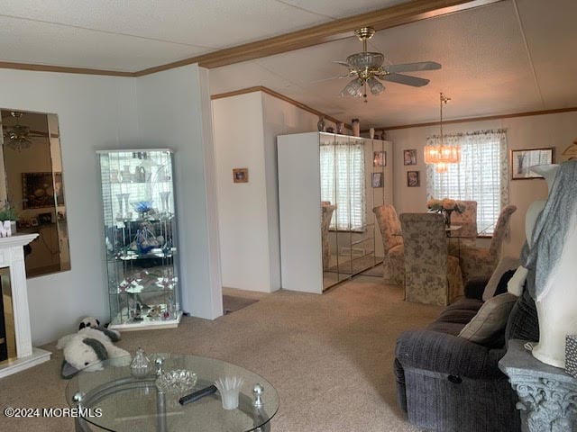 carpeted living room with ceiling fan with notable chandelier and crown molding