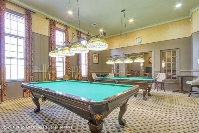 rec room with carpet floors, billiards, and ornamental molding