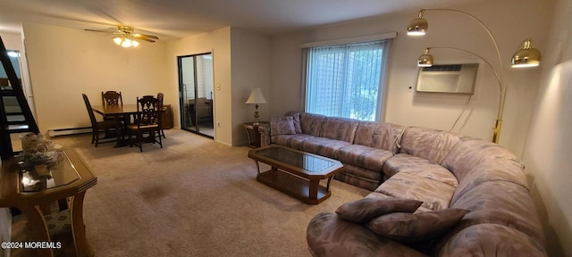 carpeted living room featuring ceiling fan, a baseboard radiator, and a wall mounted air conditioner