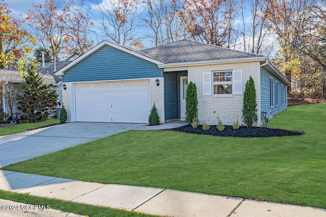 ranch-style house with a garage and a front yard