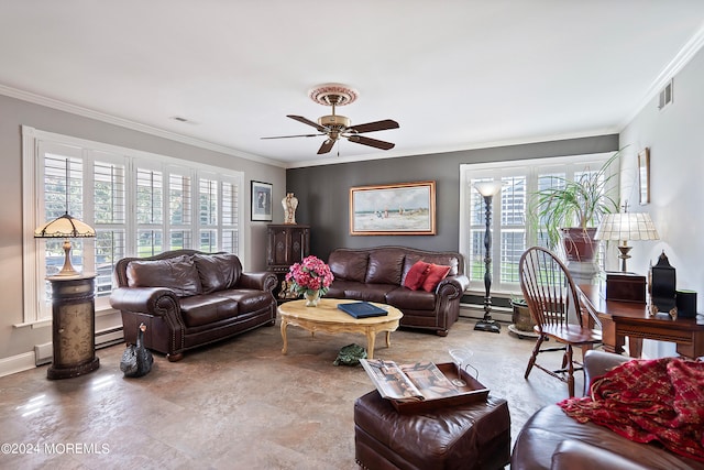 living room with ceiling fan, baseboard heating, and crown molding