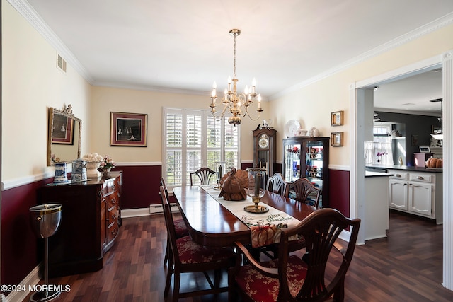 dining area with crown molding, a baseboard heating unit, and dark hardwood / wood-style flooring