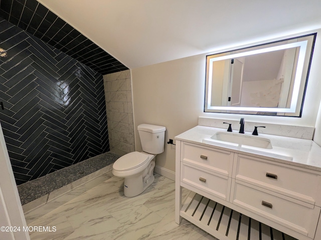 bathroom with vanity, a tile shower, and toilet