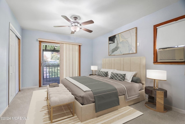 carpeted bedroom with a closet, ceiling fan, access to outside, and cooling unit