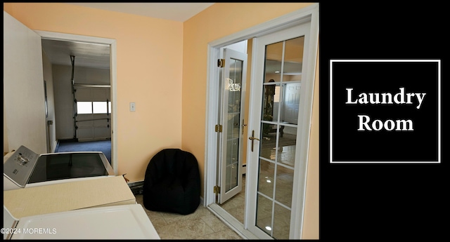 office with french doors and light tile patterned floors