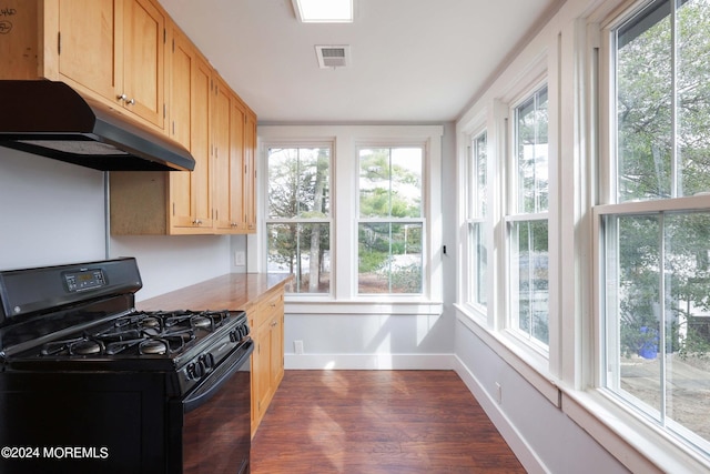 kitchen with black range with gas stovetop, a healthy amount of sunlight, and dark hardwood / wood-style flooring