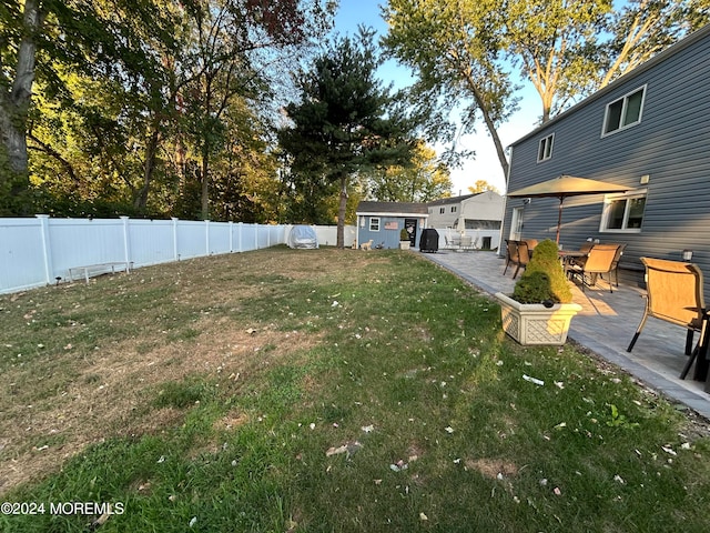 view of yard with a patio and a storage shed