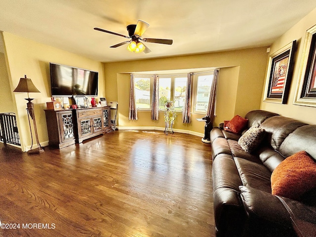 living room with wood-type flooring and ceiling fan