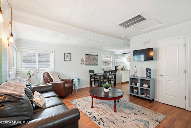 304 Bay Blvd, Seaside Heights, NJ 08751 - living room with ornamental molding, wood finished floors, a textured ceiling, and attic access