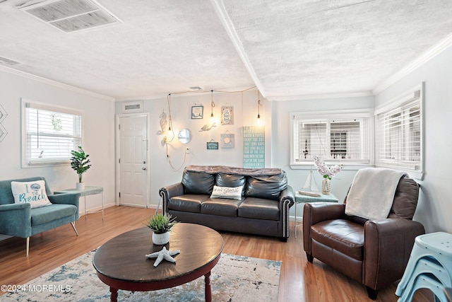 304 Bay Blvd, Seaside Heights, NJ 08751 - living room with ornamental molding, light wood finished floors, a textured ceiling, and baseboards